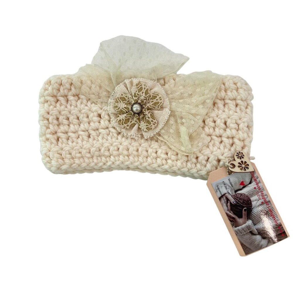 Handmade Cream Crochet Headband With Lace Bow & Pearl Accent